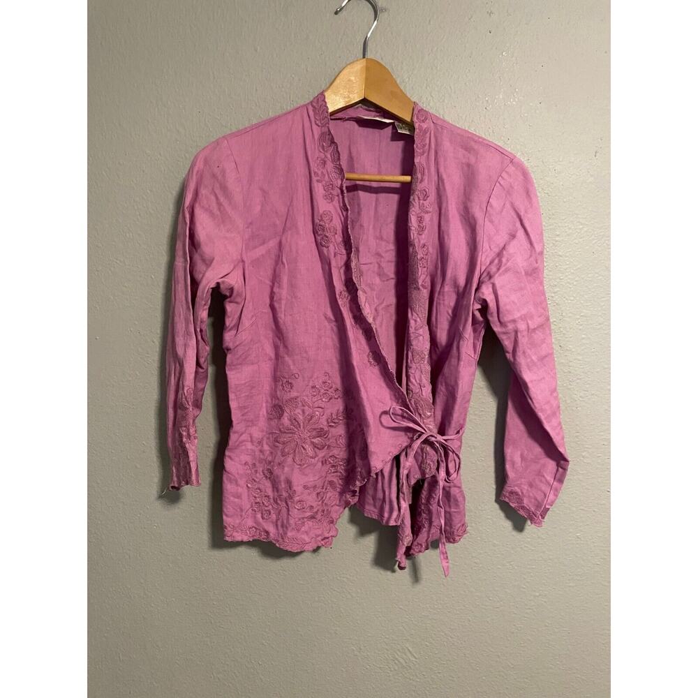 Vintage Edward Womens Cardigan Small Purple Linen Floral Embroidered Tie Fairy